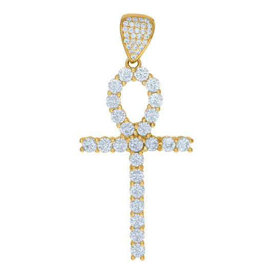 10K Yellow Gold Cubic-Zirconia Mens Ankh Cross Religious Charm Pendant