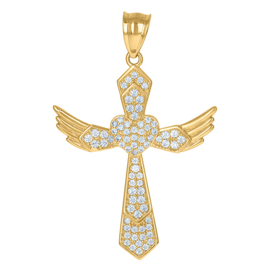 10K Yellow Gold Mens Cubic Zirconia Heart Cross Religious Charm Pendant