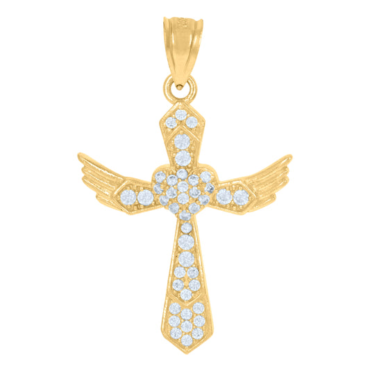 10K Yellow Gold Mens Women Cubic Zirconia Heart Cross Religious Charm Pendant