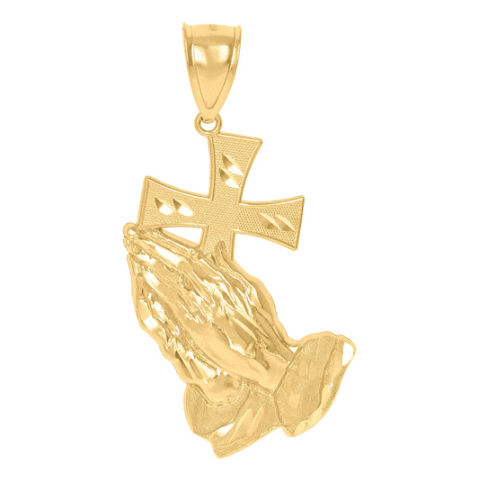 10K Two-Tone Gold Mens Praying Hands Praying Hands With Cross Religious Charm Pendant