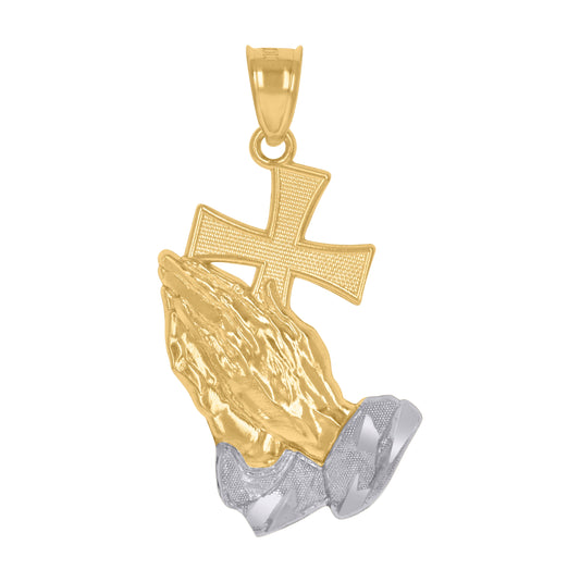 10K Two-Tone Gold Mens Praying Hands Praying Hands With Cross Religious Charm Pendant