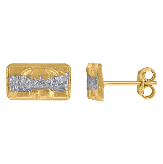 10K Two-Tone Gold Womens Textured Last Supper Religious Rectangle Stud Earrings
