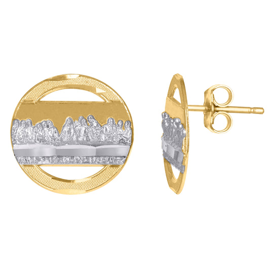 10K Two-Tone Gold Womens Textured Last Supper Religious Round Stud Earrings