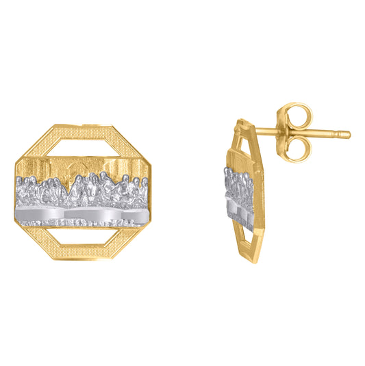 10K Two-Tone Gold Womens Textured Last Supper Religious Octagon Stud Earrings