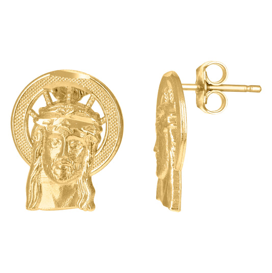 10K Yellow Gold Womens Textured Jesus Face Religious Stud Earrings