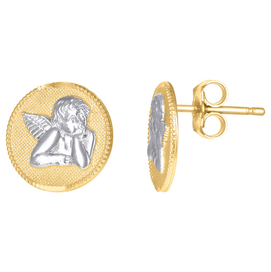 10K Two-Tone Gold Womens Textured Raphael Angel Religious Round Stud Earrings
