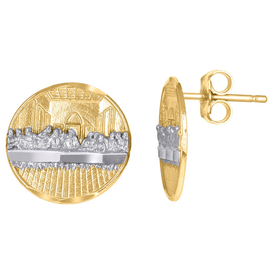 10K Two-Tone Gold Womens Textured Last Supper Religious Round Stud Earrings