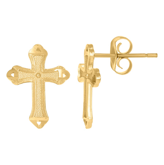 10K Yellow Gold Womens Textured Cross Religious Stud Earrings