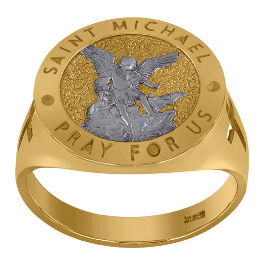 10K Two-Tone Gold Mens Saints St. Michael Pray For Us Religious Ring