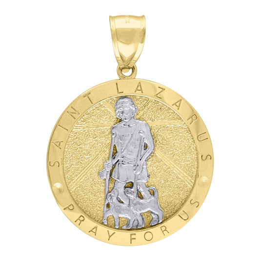 10K Two-Tone Gold Mens Saints St. Lazarus Pray For Us Religious Charm Pendant