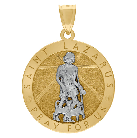 10K Two-Tone Gold Mens Saints St. Lazarus Pray For Us Religious Charm Pendant