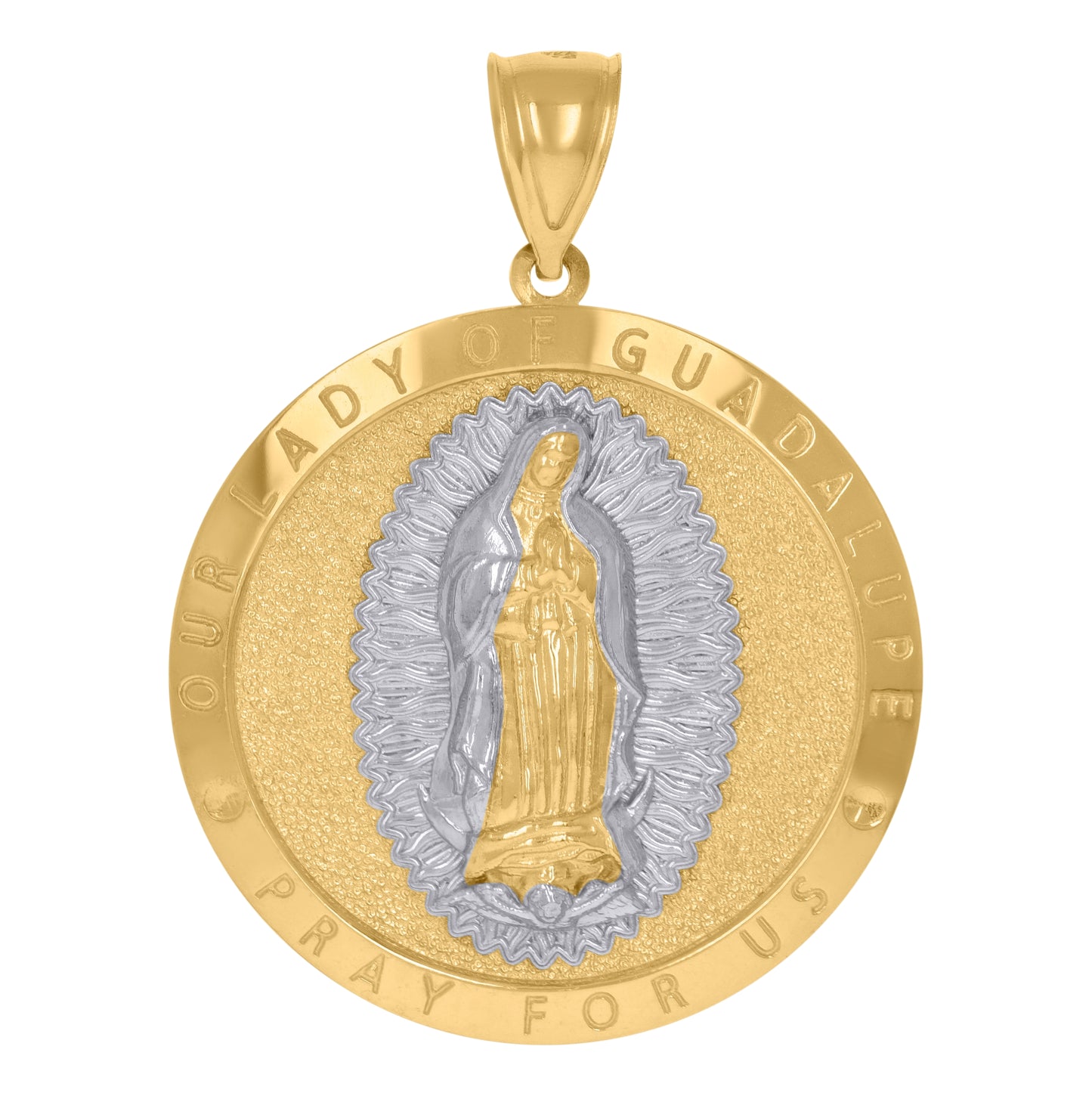 10K Two-Tone Gold Mens Lady Of Guadalupe Pray For Us Religious Charm Pendant
