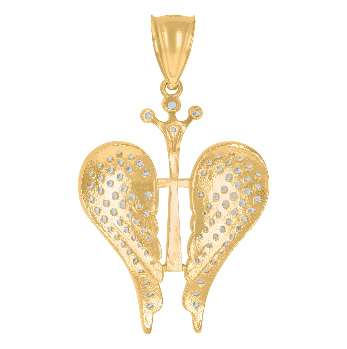 10K Yellow Gold Mens Women Cubic Zirconia Angel Wings Religious Charm Pendant