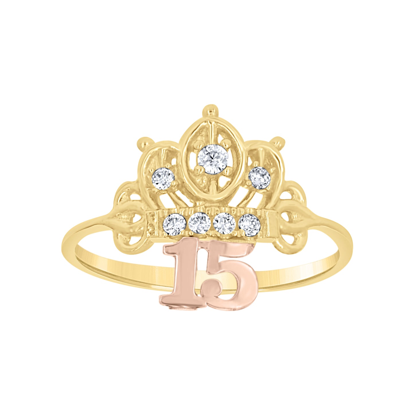 10K Tri-Color Gold Womens Cubic Zirconia Diamond Cut 15 Anos Crown Engagement Ring