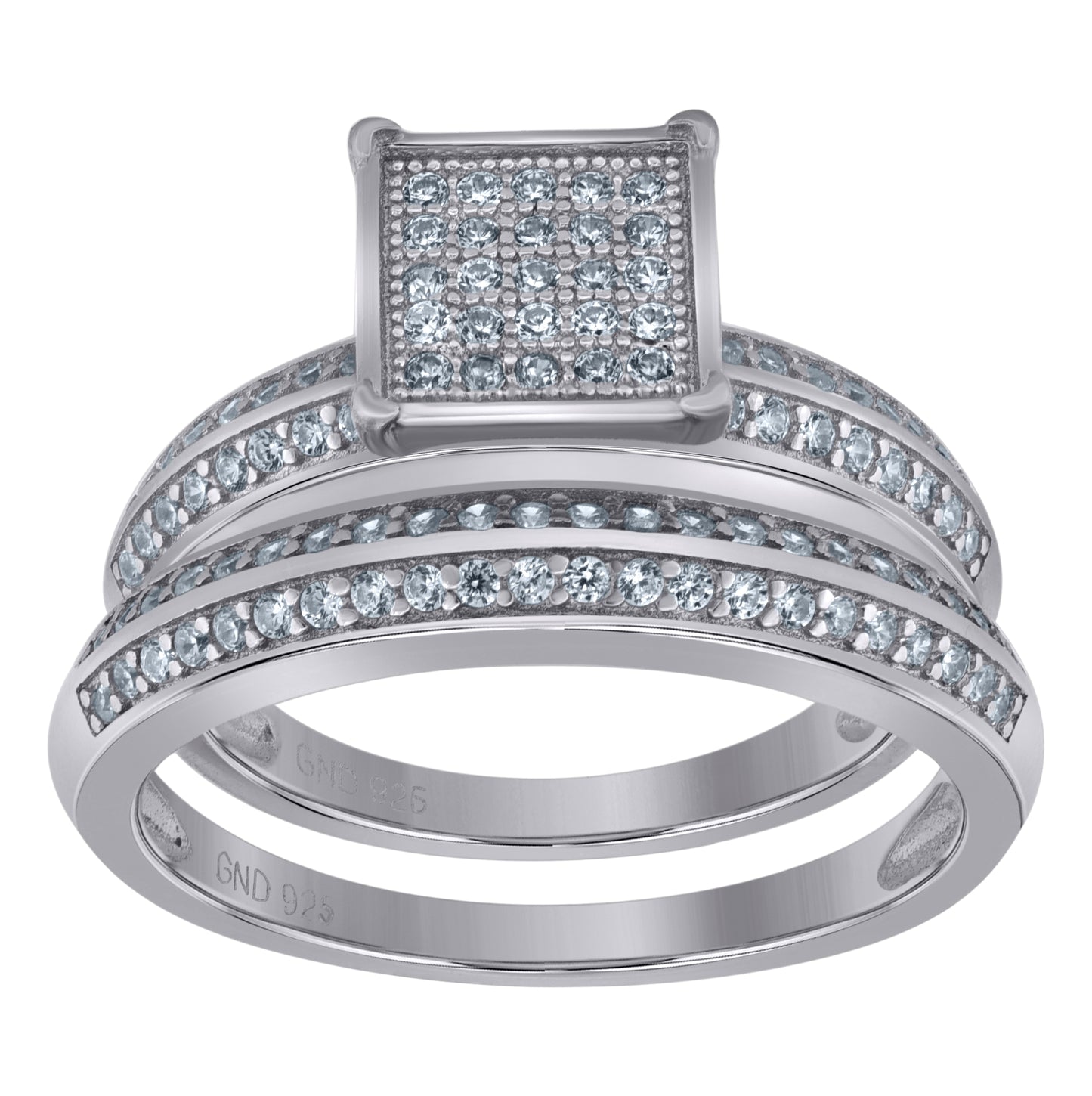 Sterling Silver Cubic Zirconia Square Head Trio Bridal Anniversary Wedding Engagement Band Ring Set
