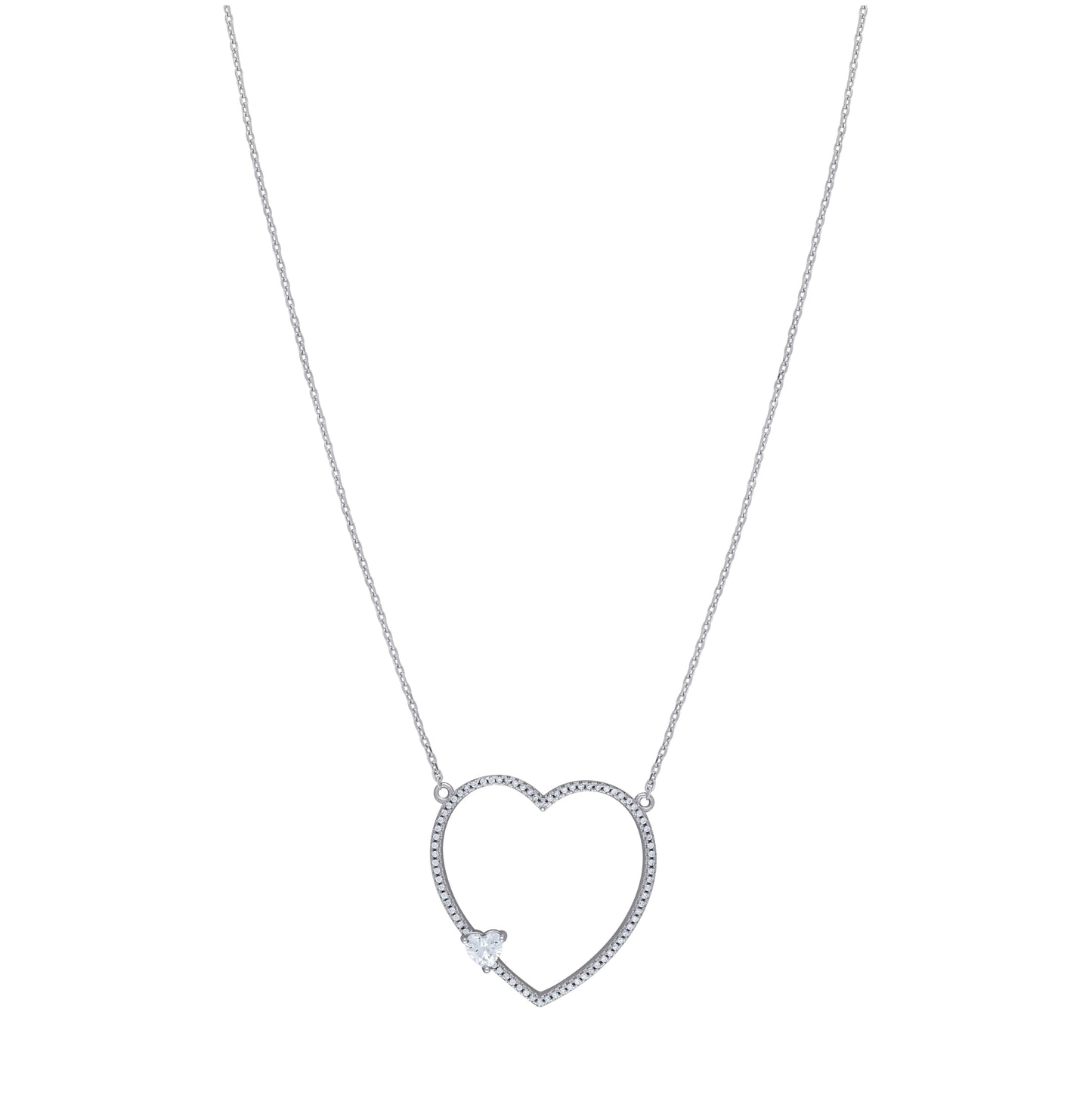 Sterling Silver Women Cubic Zirconia Rolo Link Heart Necklace