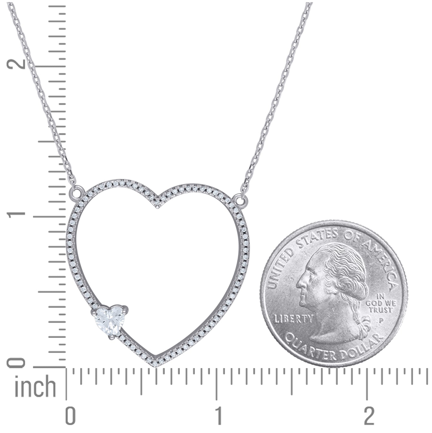 Sterling Silver Women Cubic Zirconia Rolo Link Heart Necklace