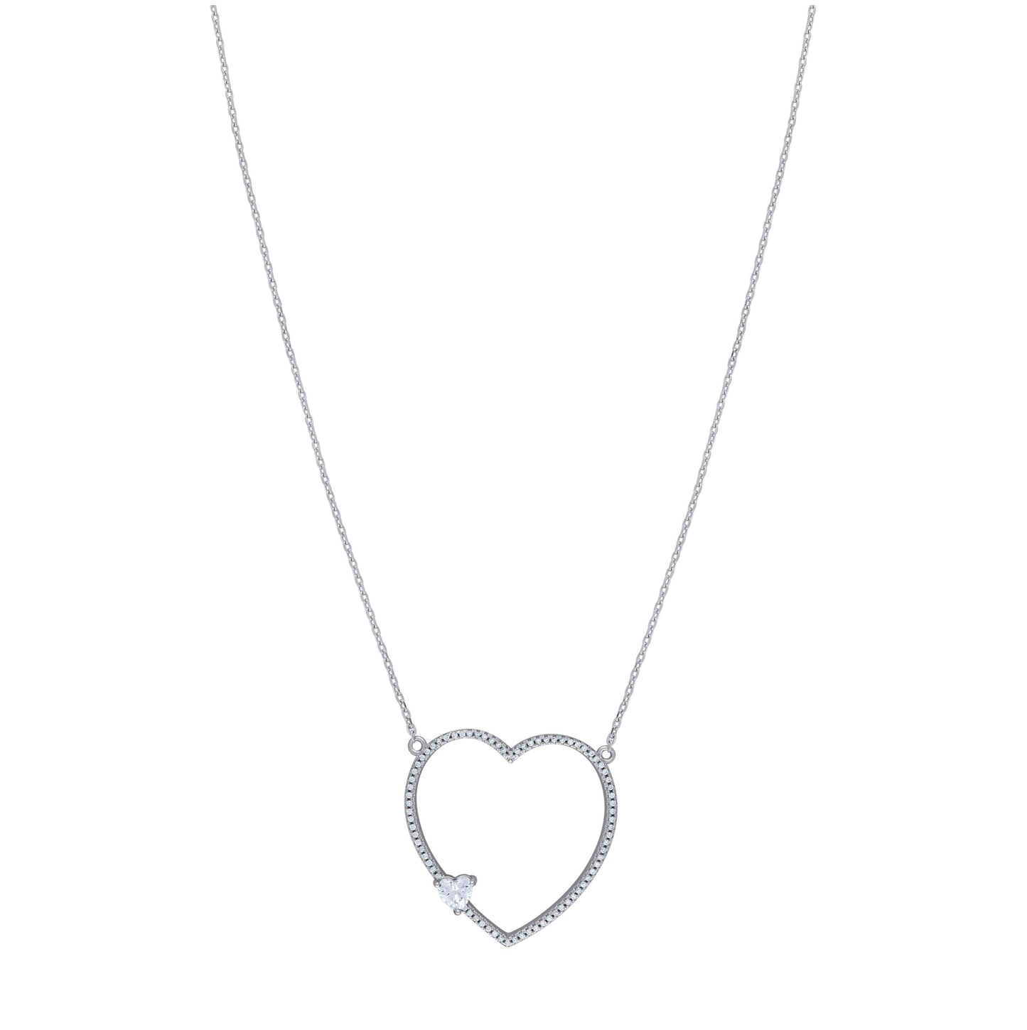 Sterling Silver Women Cubic Zirconia Rolo Link Heart Necklace
