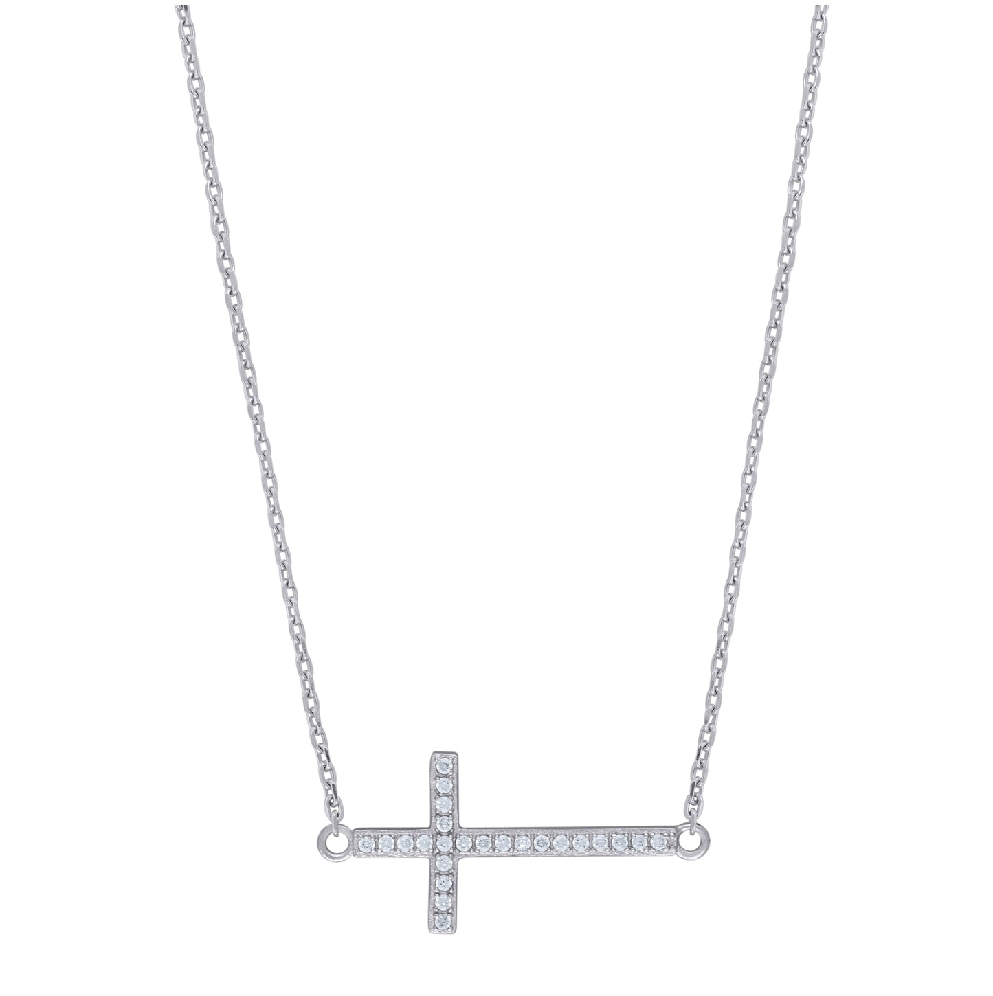 Sterling Silver Women Cubic Zirconia Rolo Link Cross Necklace