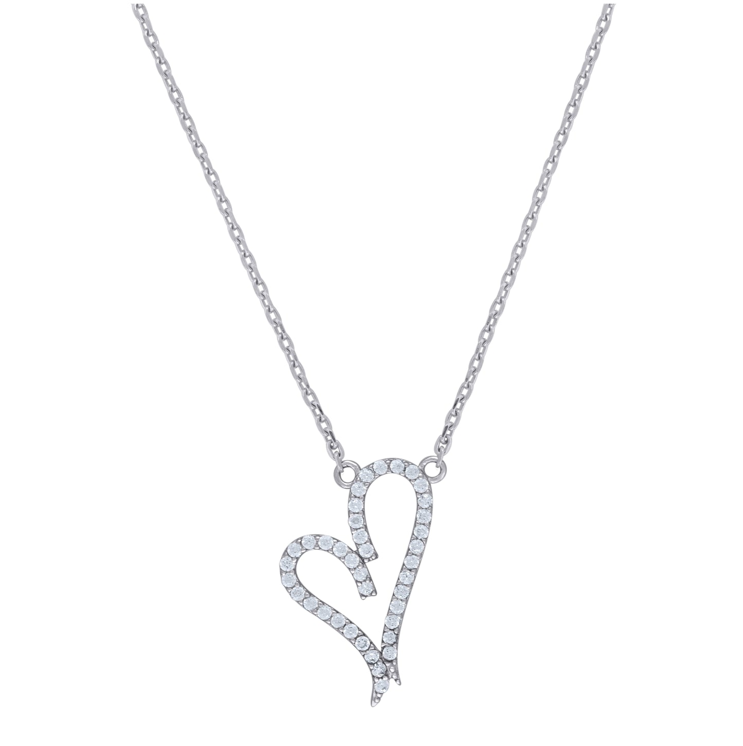 Sterling Silver Women Cubic Zirconia Rolo Link Heart Necklace