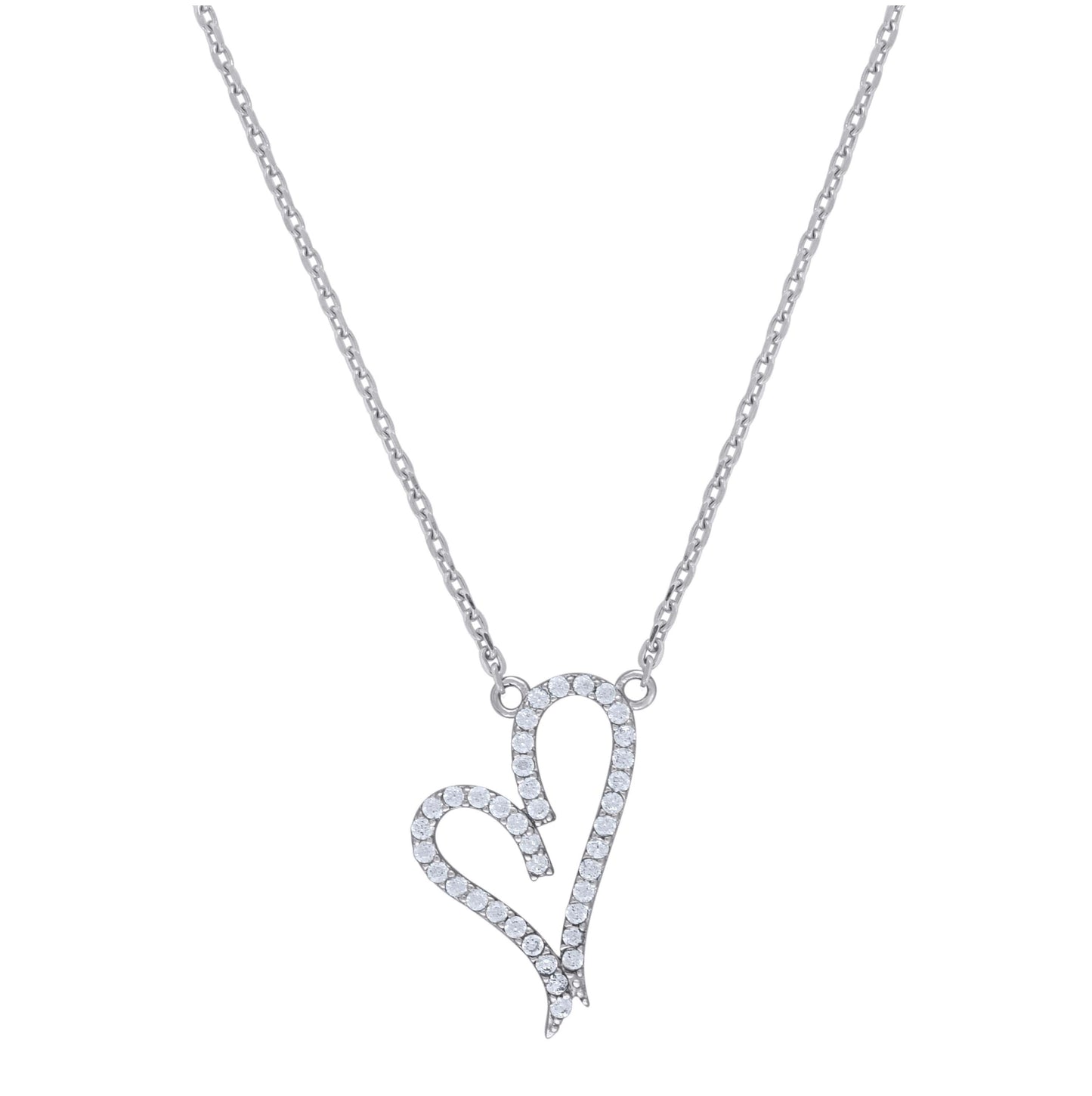 Sterling Silver Women Cubic Zirconia Rolo Link Heart Necklace