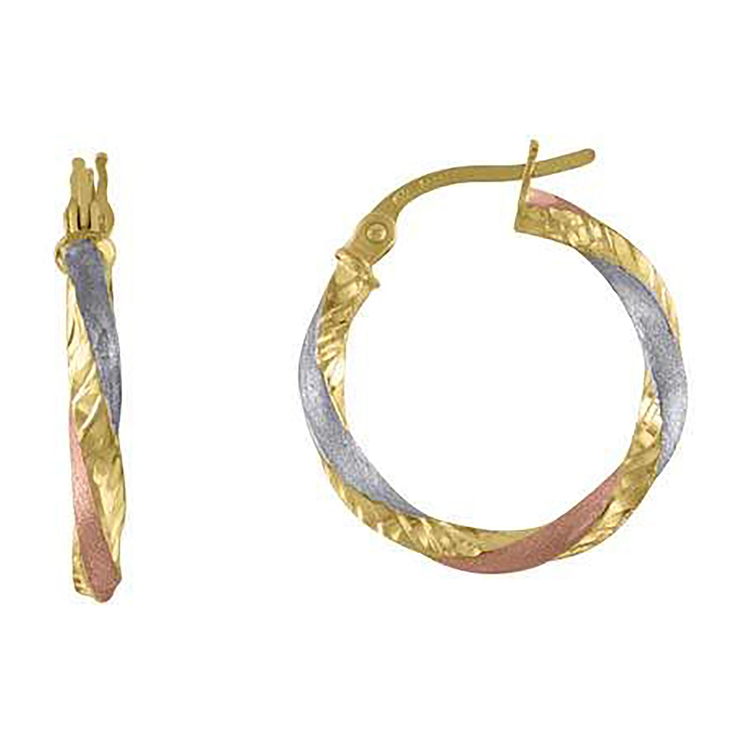 10K Tri-Color Gold Womens Twisted Hinged Hoops Huggies