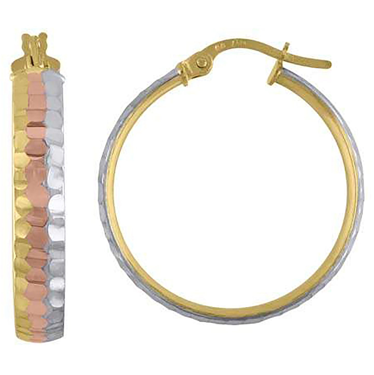 10K Tri-Color Gold Womens Diamond-cut Hinged Hoops Huggies