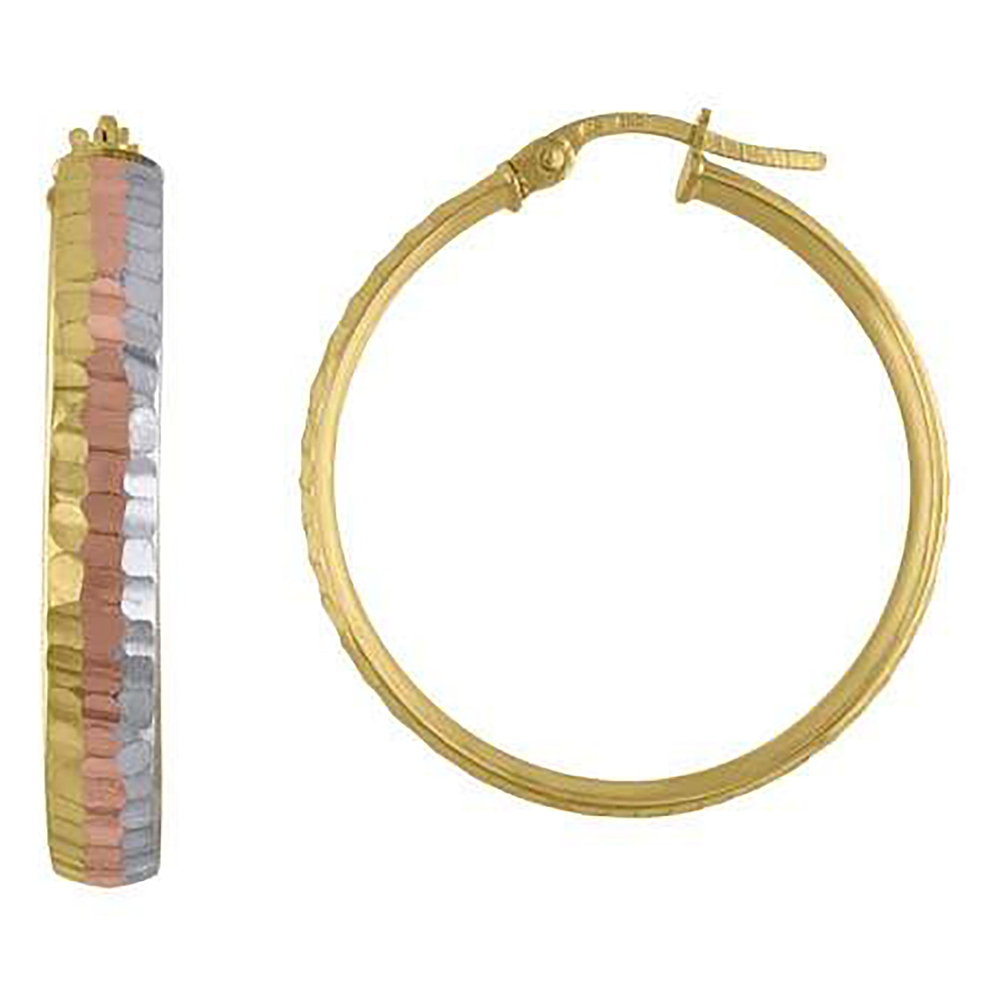 10K Tri-Color Gold Womens Diamond-cut Hinged Hoops Huggies