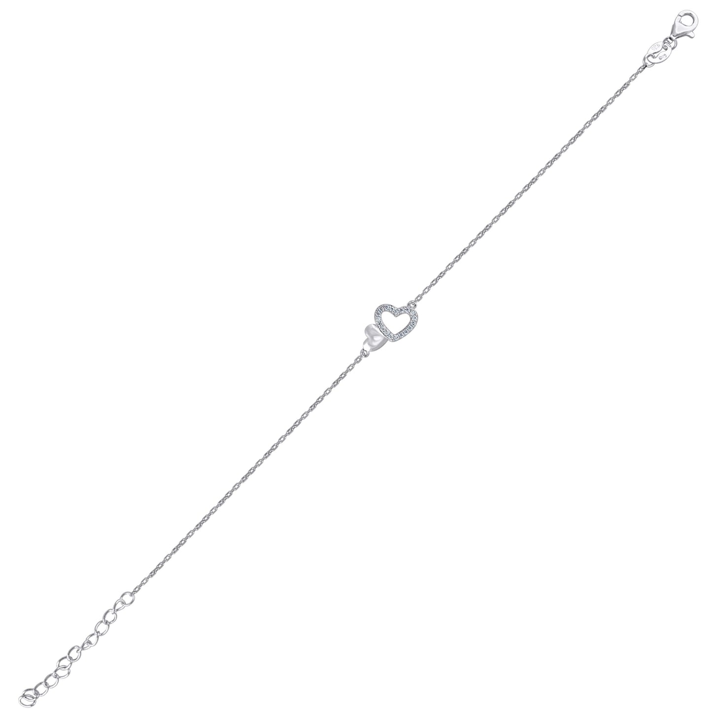 Sterling Silver Womens Cubic Zirconia Rolo Link Heart Bracelet