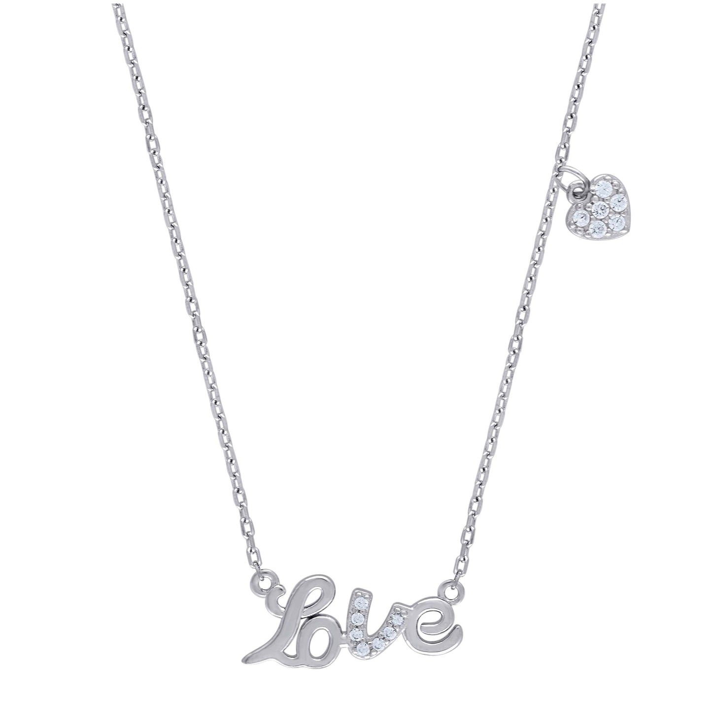 Sterling Silver Women Cubic Zirconia Rolo Link Love With Heart Charm Necklace