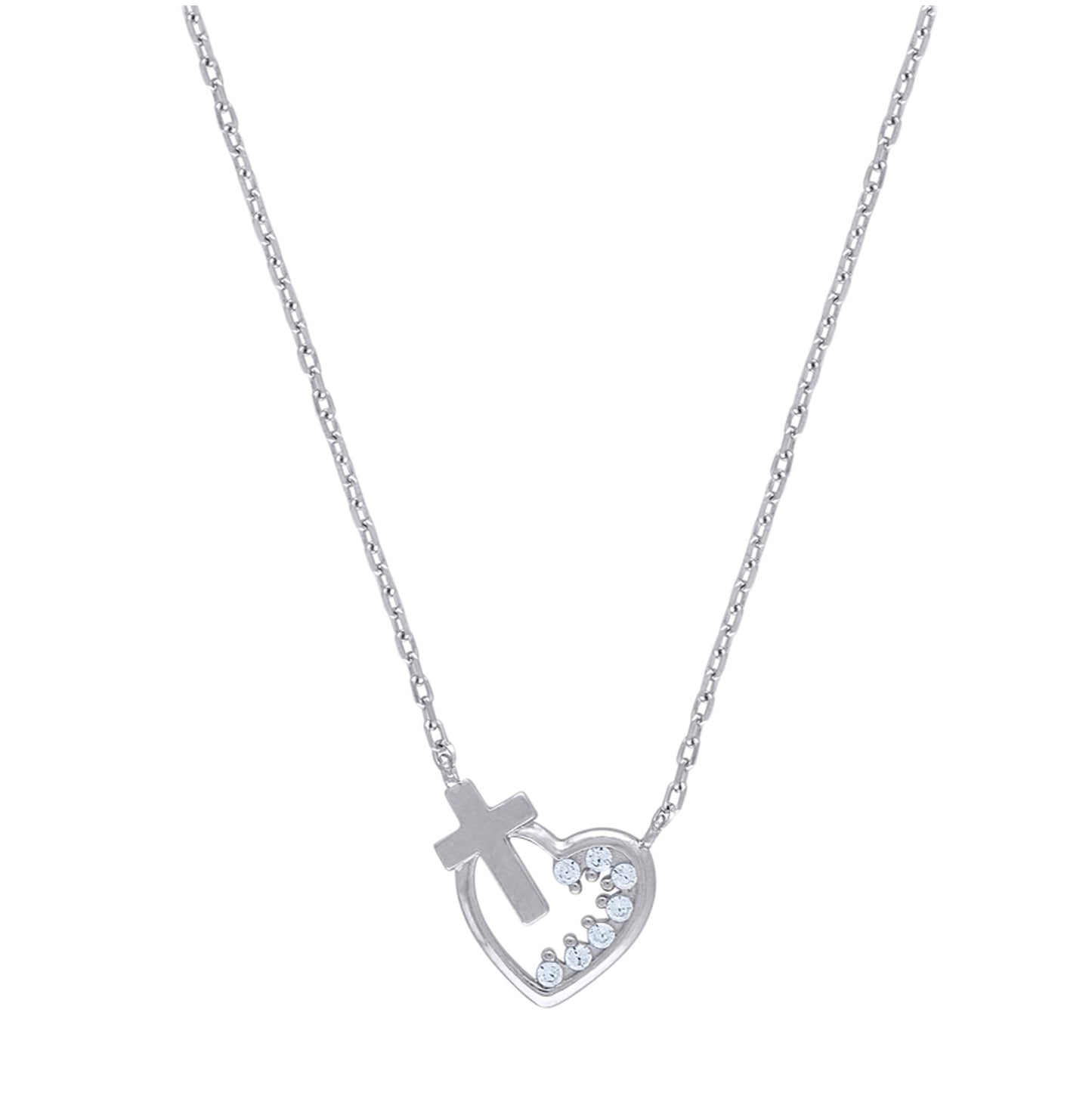 Sterling Silver Women Cubic Zirconia Rolo Link Heart & Cross Necklace