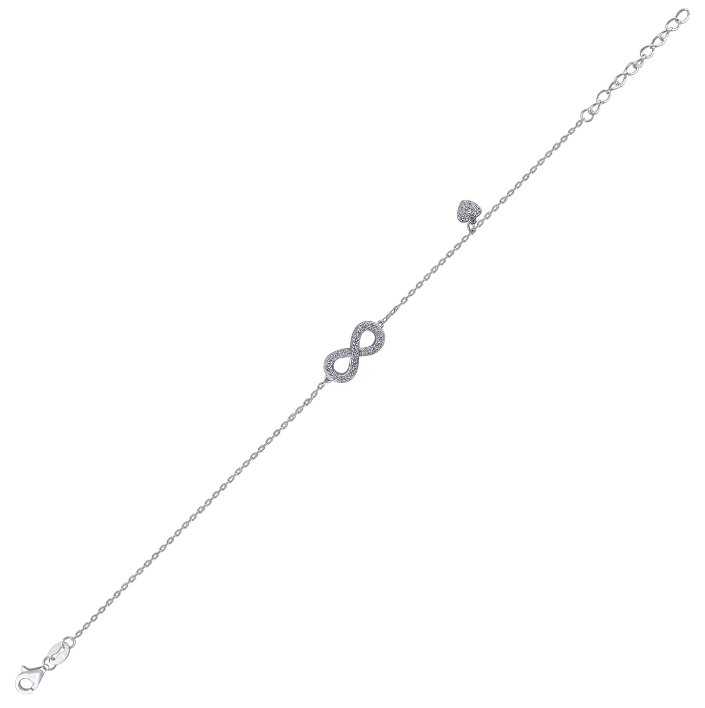 Sterling Silver Womens Cubic Zirconia Rolo Link Infinity With Heart Charm Bracelet