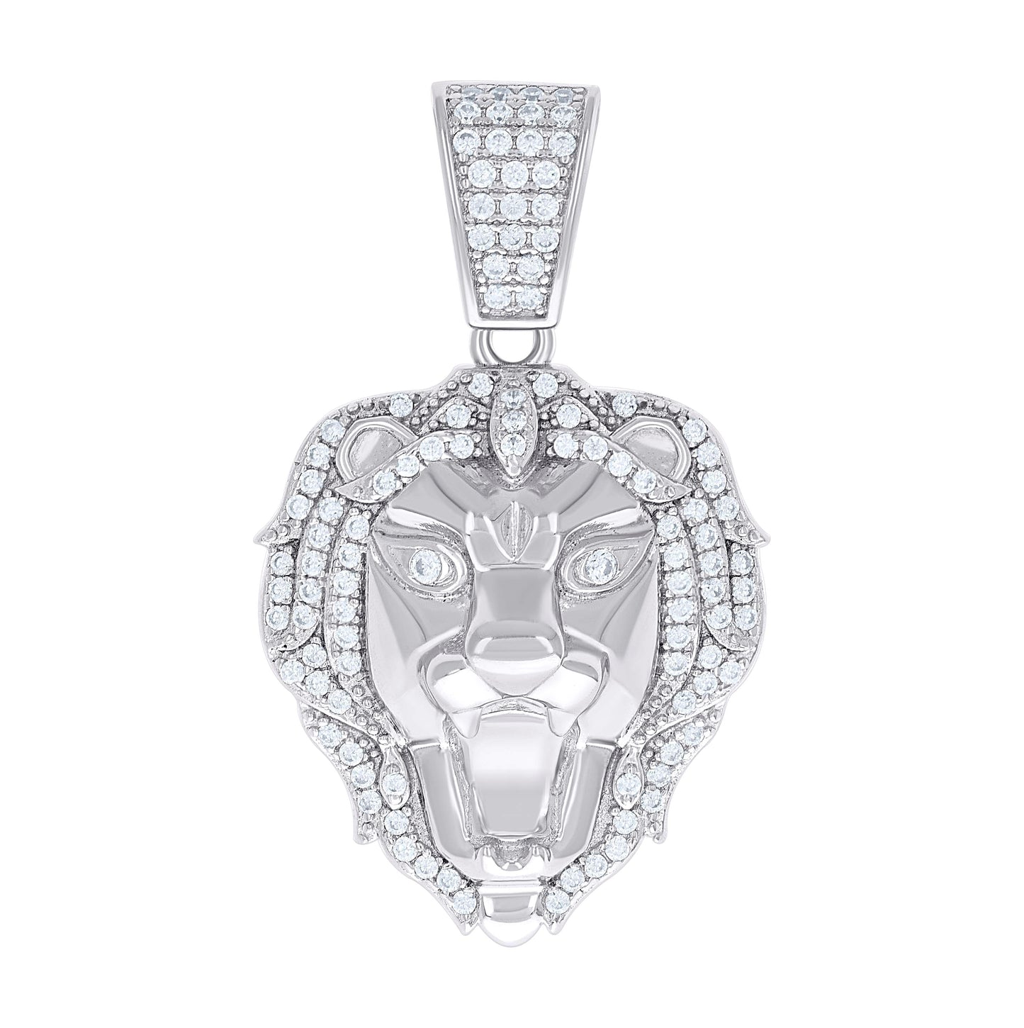 Sterling Silver Mens Cubic-Zirconia Lion Face Animal Charm Pendant