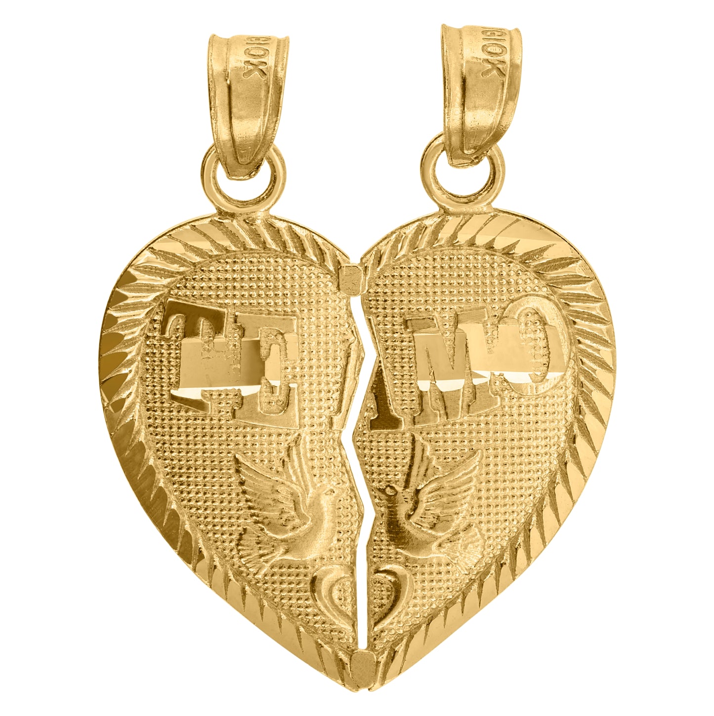 10K Yellow Gold Unisex Diamond-Cut Te Amo Broken Heart Peace Charm Pendant