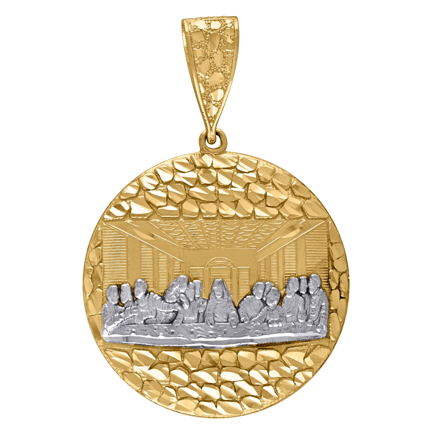 10K Two-Tone Gold Mens Diamond-Cut Nugget Last Supper Religious Medallion Charm Pendant