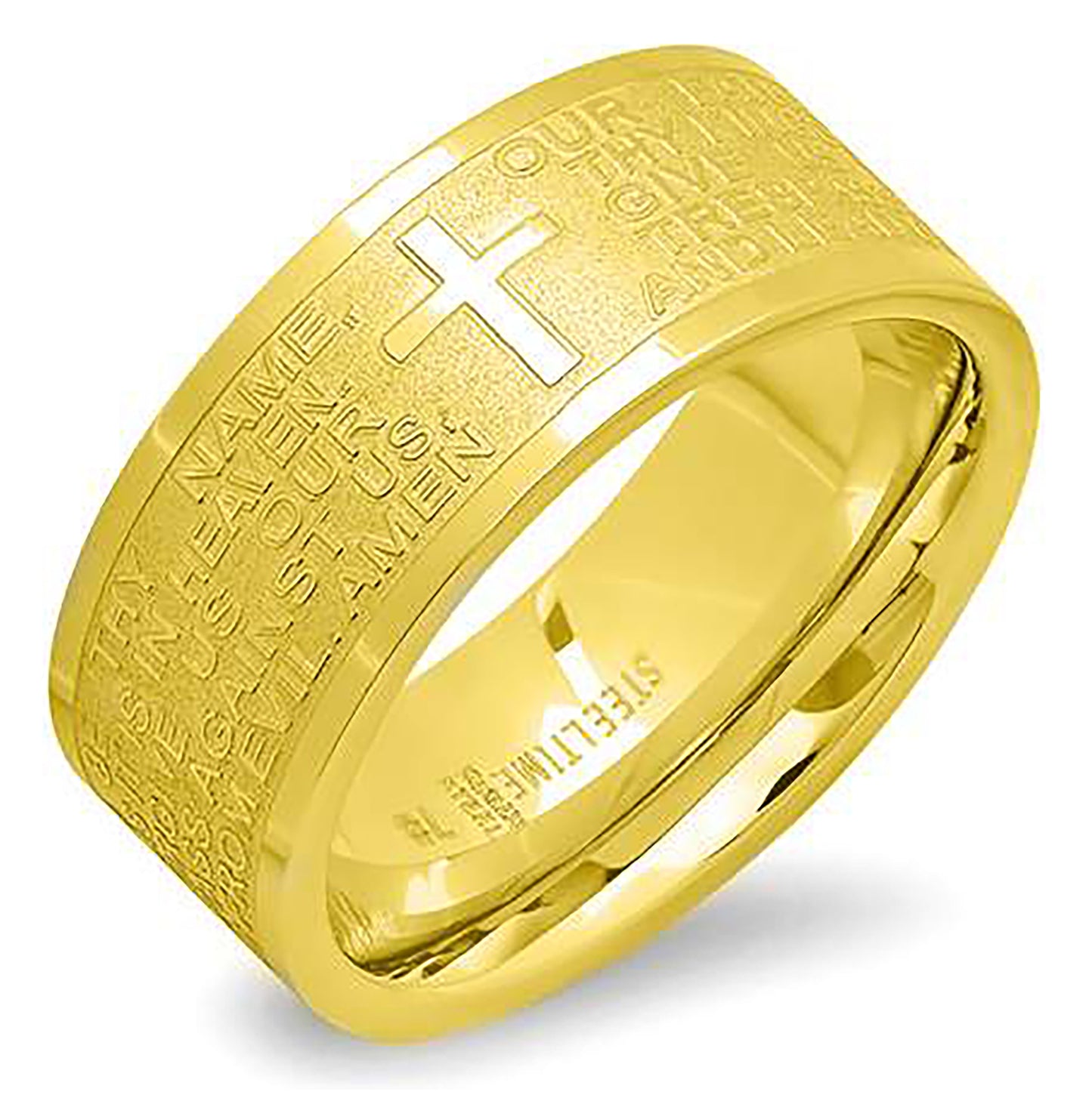 Stainless Steel Or Yellow-Tone Mens Lords Prayer Cross Religious Comfort-fit Bridal Anniversary Wedding Engagement Band Ring