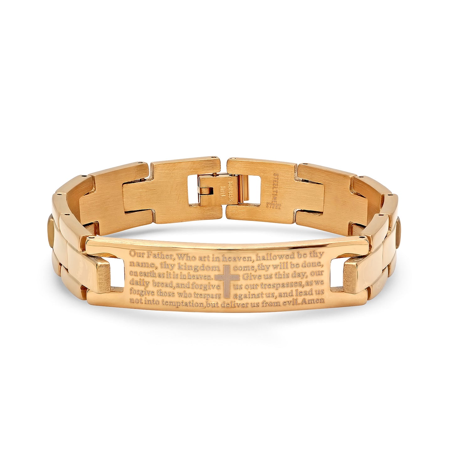 Stainless Steel Rose-tone Mens Lords Prayer Religious Link Bracelet