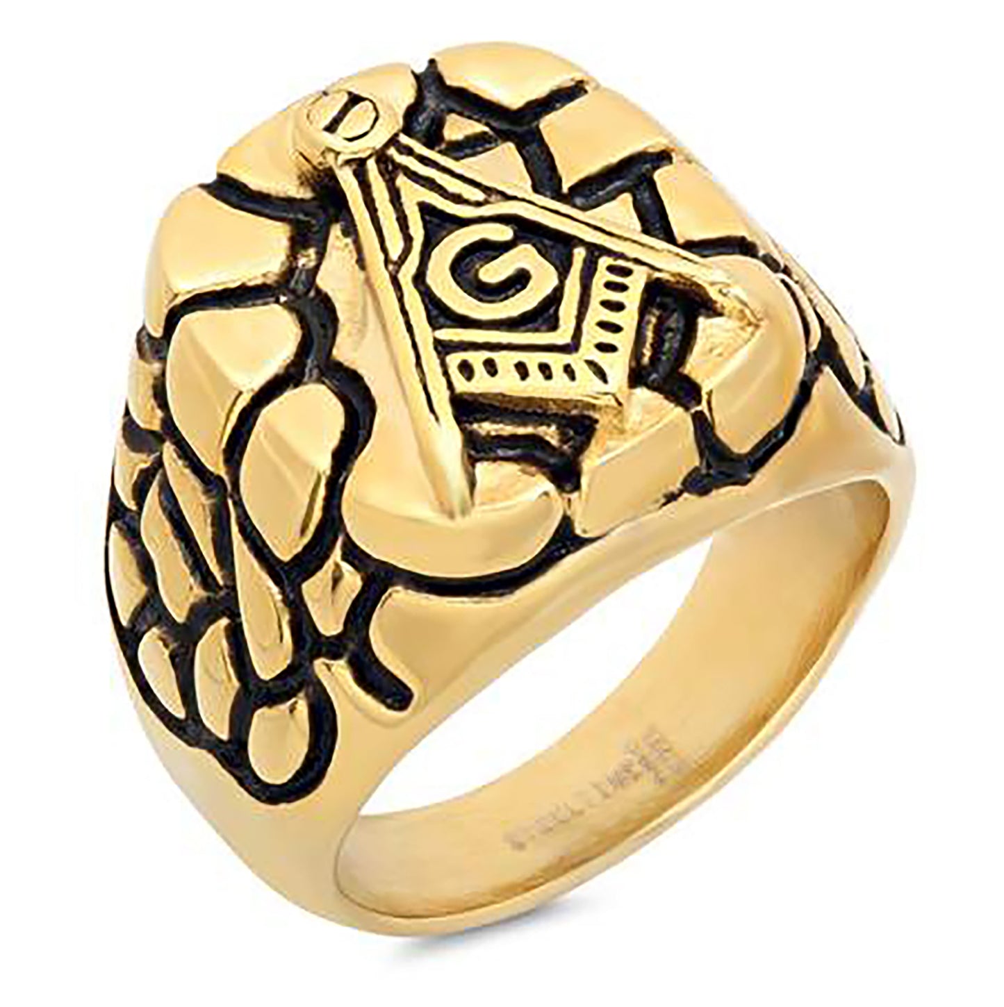 Yellow Stainless Steel Black-tone Mens Nugget Masonic Square Head Comfort-fit Bridal Anniversary Wedding Engagement Band Ring