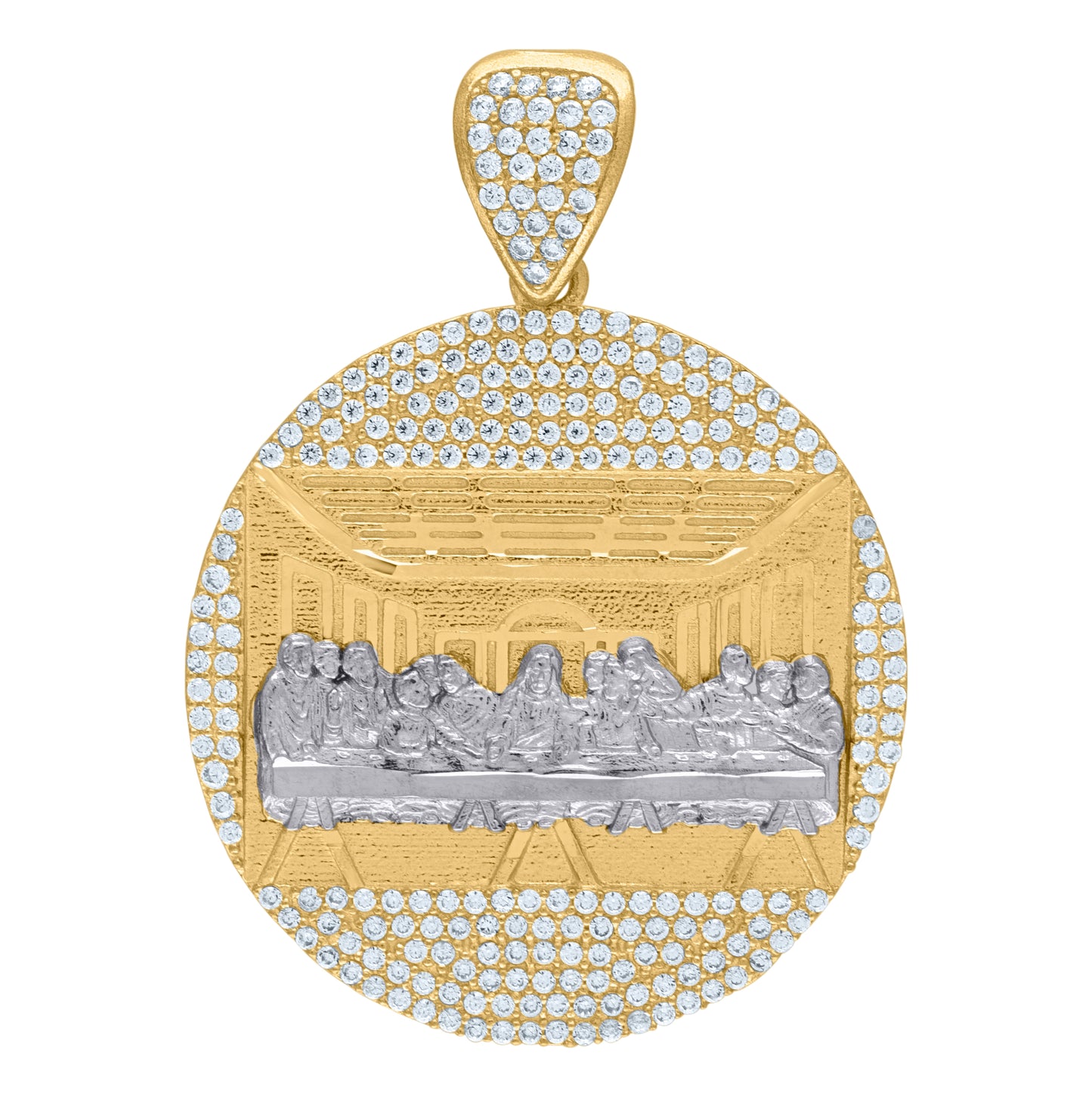 10K Two-Tone Gold Mens Cubic Zirconia Last Supper Medallion Religious Charm Pendant