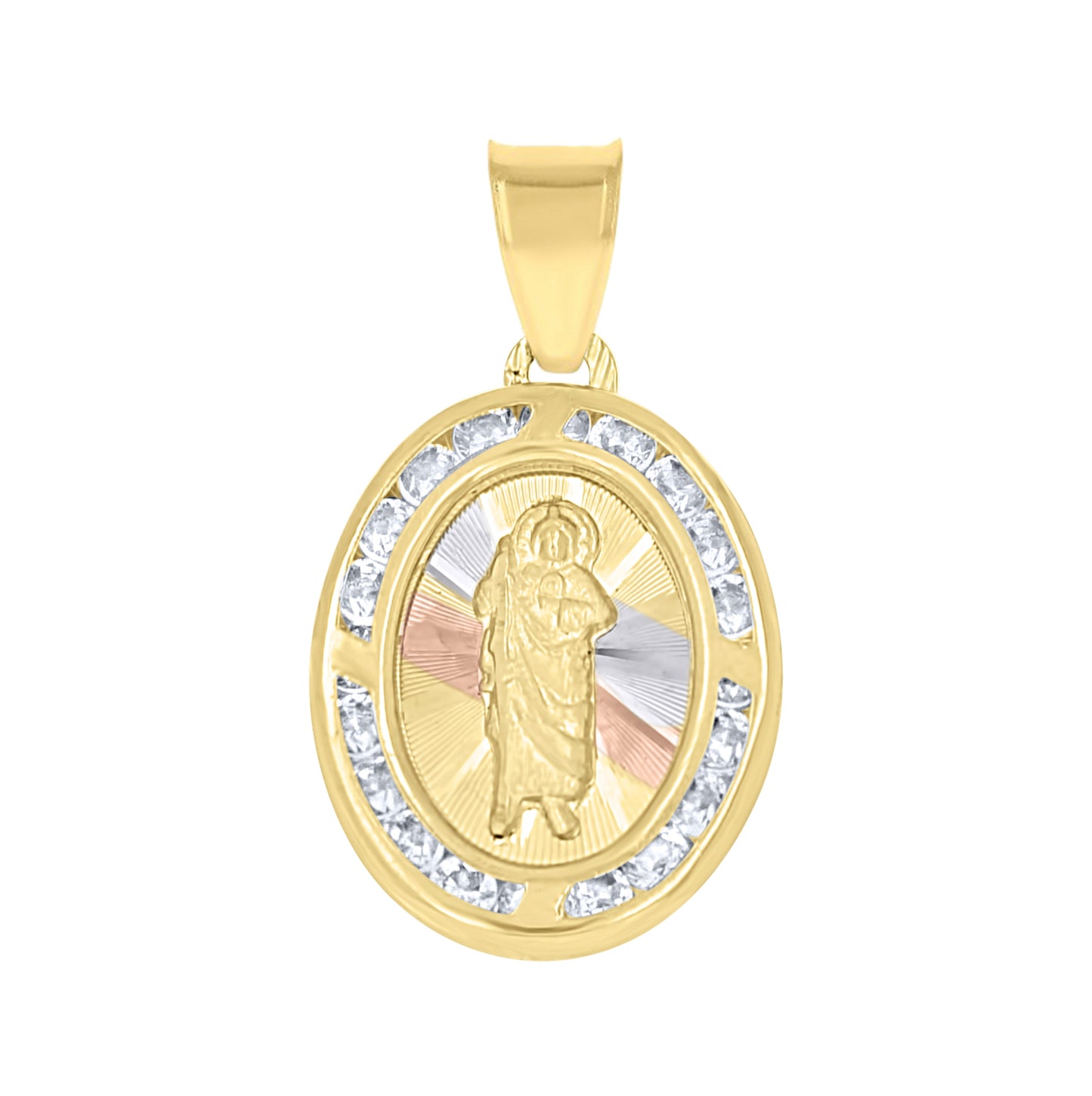 10K Tri-Color Gold Unisex Cubic Zirconia Cubic-Zirconia Saint Jude Religious Oval Charm Pendant