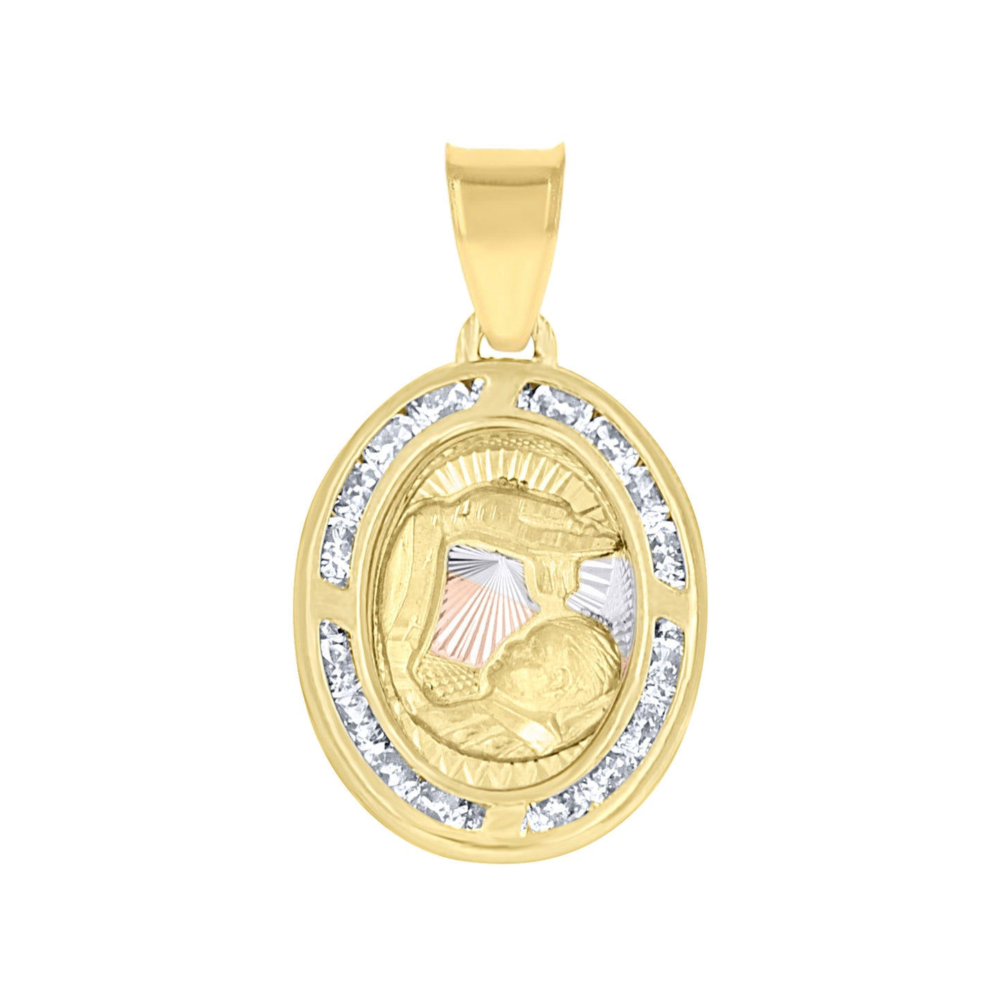 10K Tri-Color Gold Unisex Cubic Zirconia Cubic-Zirconia Religious Oval Charm Pendant