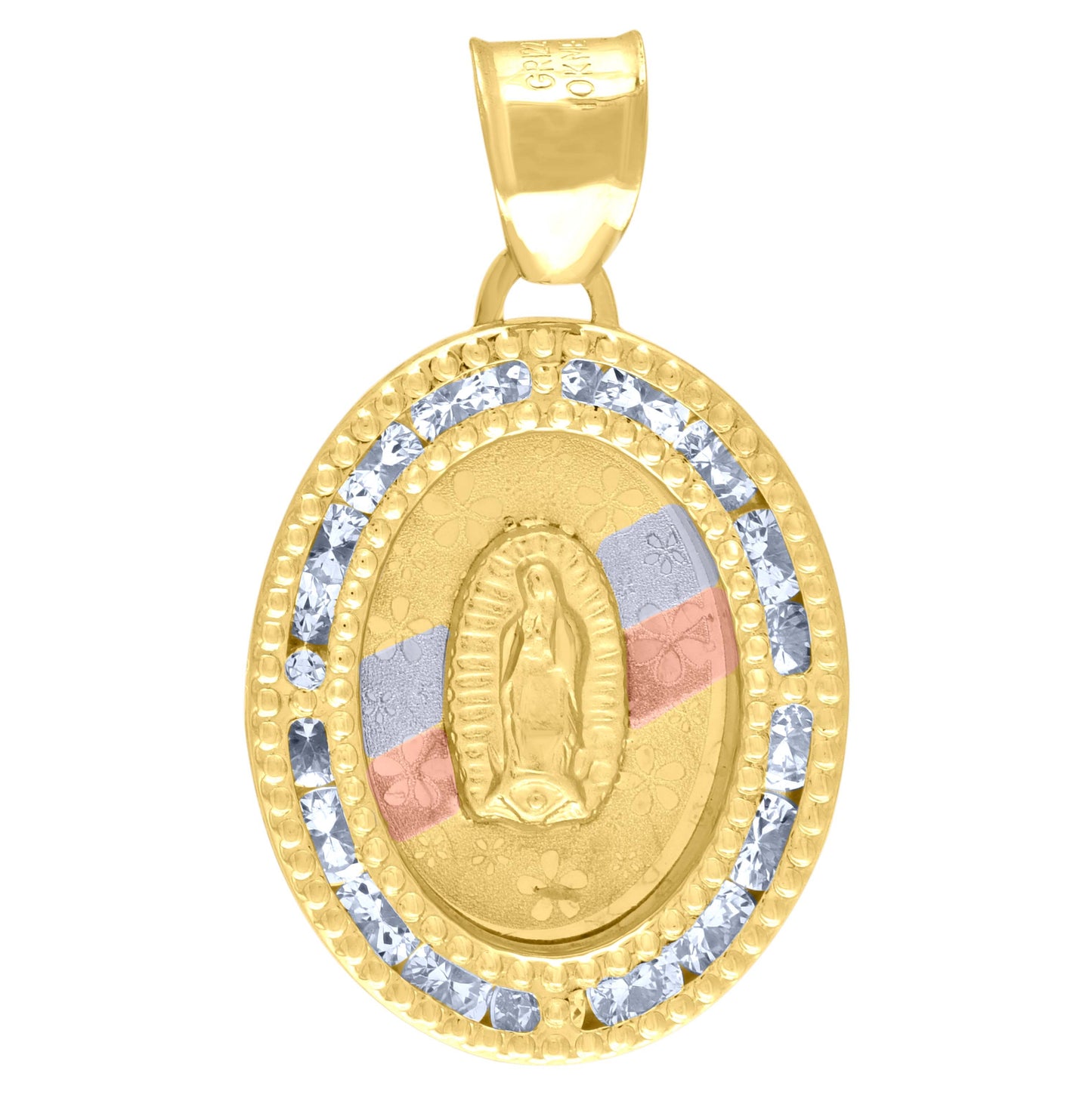 10K Tri-Color Gold Unisex Cubic Zirconia Cubic-Zirconia Lady Of Guadalupe Religious Oval Charm Pendant