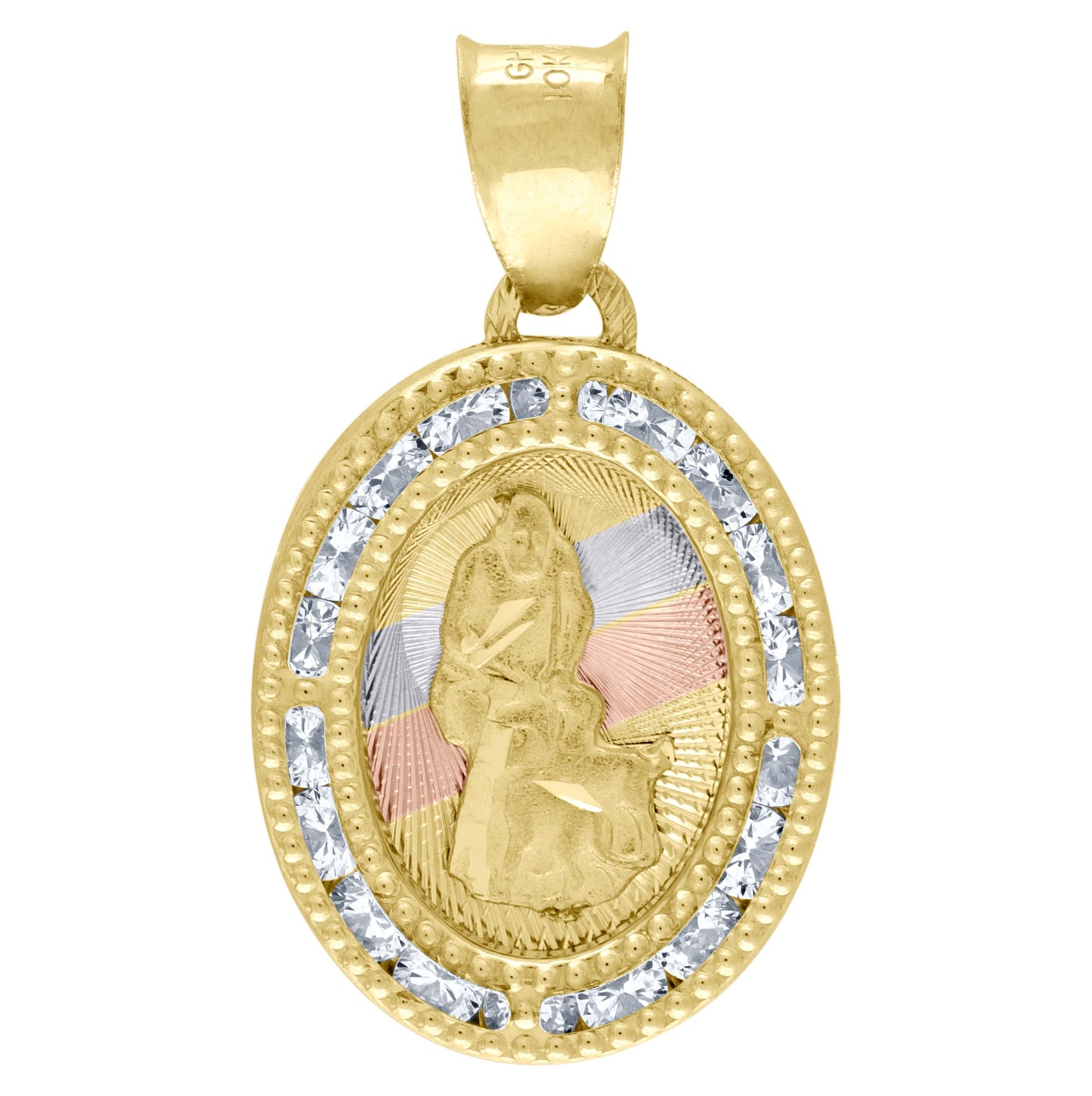 10K Tri-Color Gold Unisex Cubic Zirconia Cubic-Zirconia Religious Oval Charm Pendant