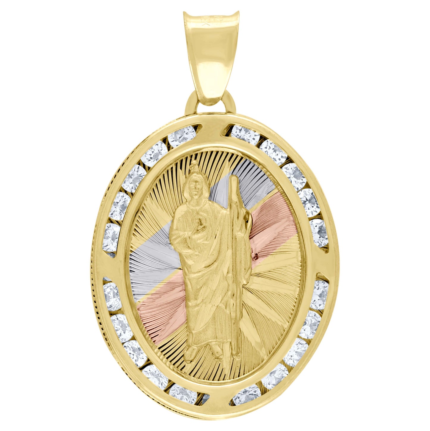 10K Tri-Color Gold Unisex Cubic Zirconia Cubic-Zirconia Saint John Baptist Religious Oval Charm Pendant