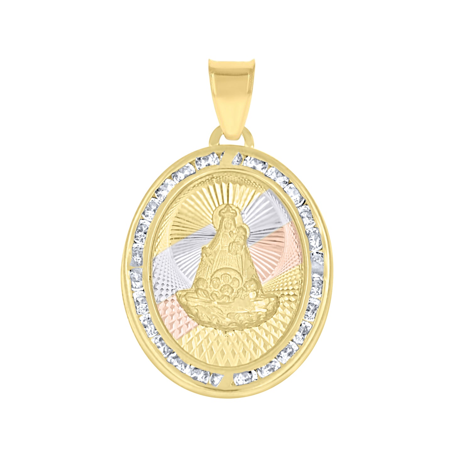 10K Tri-Color Gold Unisex Cubic Zirconia Cubic-Zirconia Lady Of Loreto Religious Oval Charm Pendant