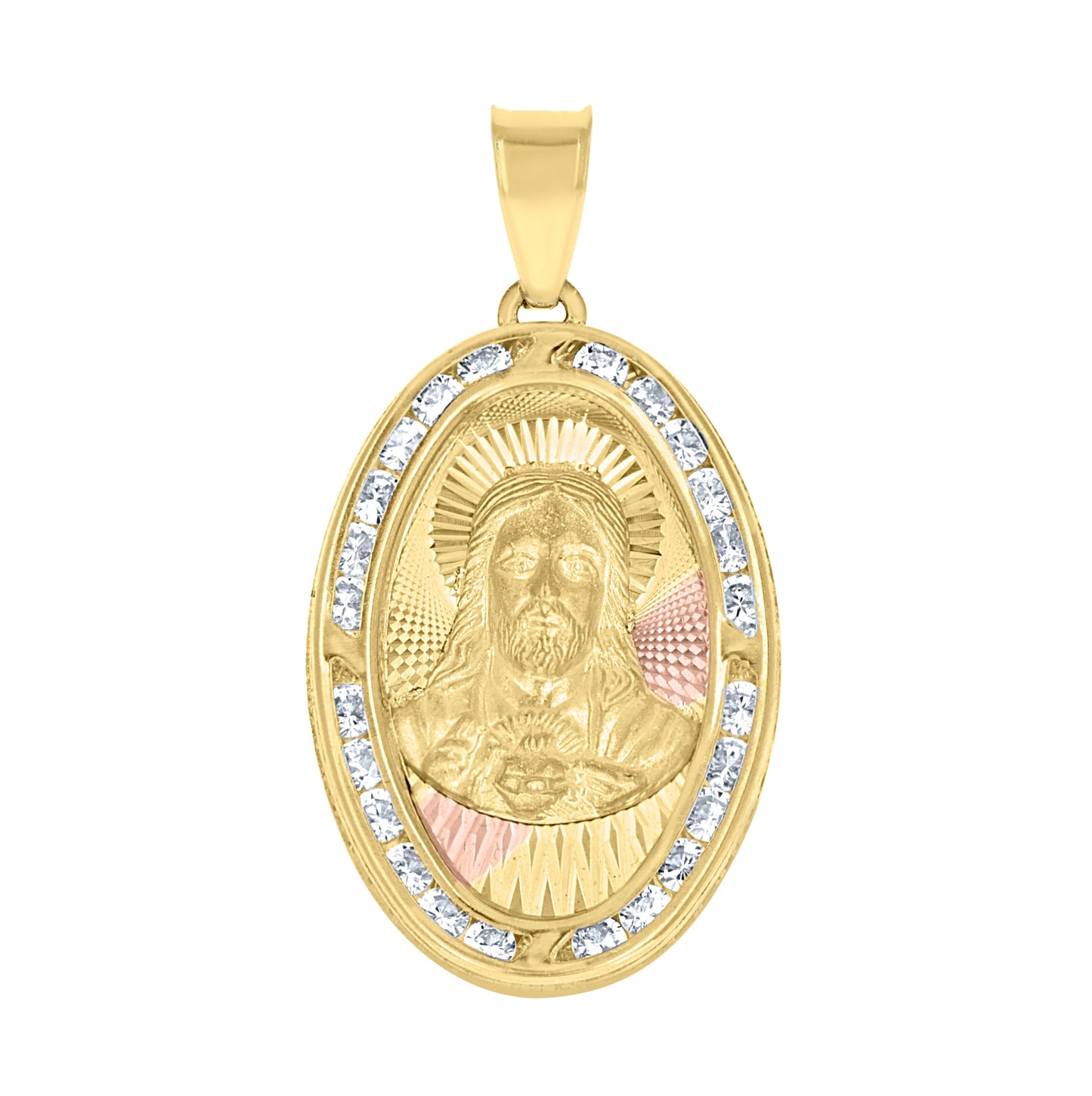 10K Tri-Color Gold Unisex Cubic Zirconia Cubic-Zirconia Religious Oval Charm Pendant