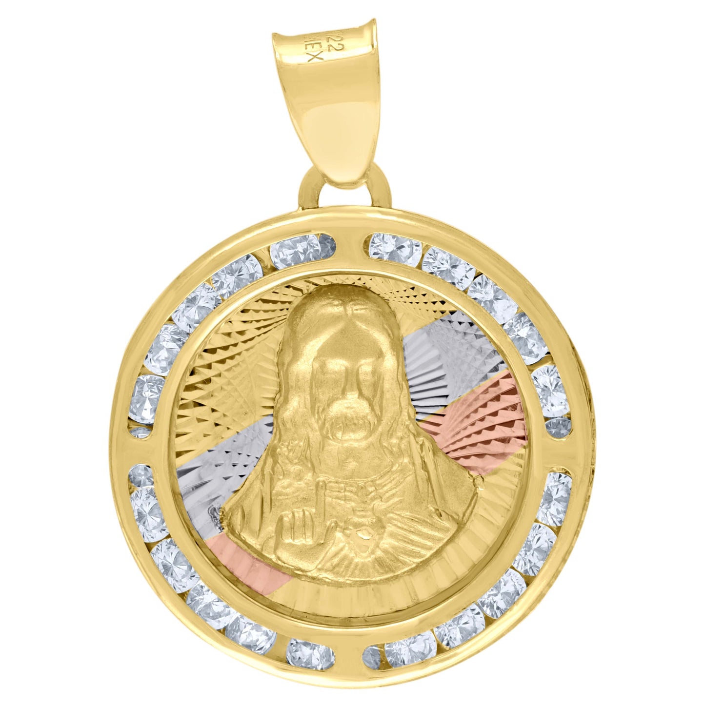 10K Tri-Color Gold Unisex Cubic Zirconia Cubic-Zirconia Religious Round Charm Pendant