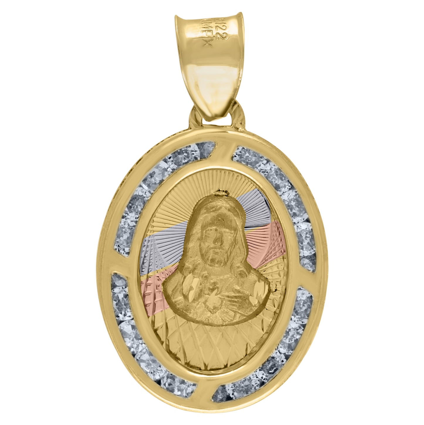 14K Tri-Color Gold Unisex Cubic-Zirconia Textured Religious Oval Jesus Medal Charm Pendant
