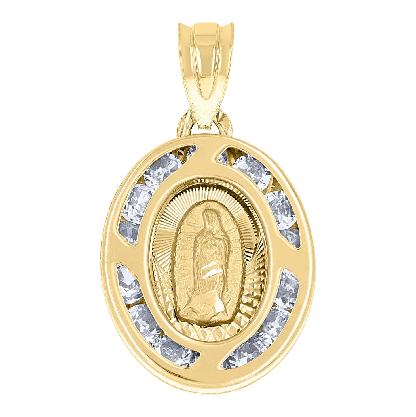 14K Tri-Color Gold Unisex Cubic-Zirconia Textured Lady Of Guadalupe Religious Oval Medal Charm Pendant