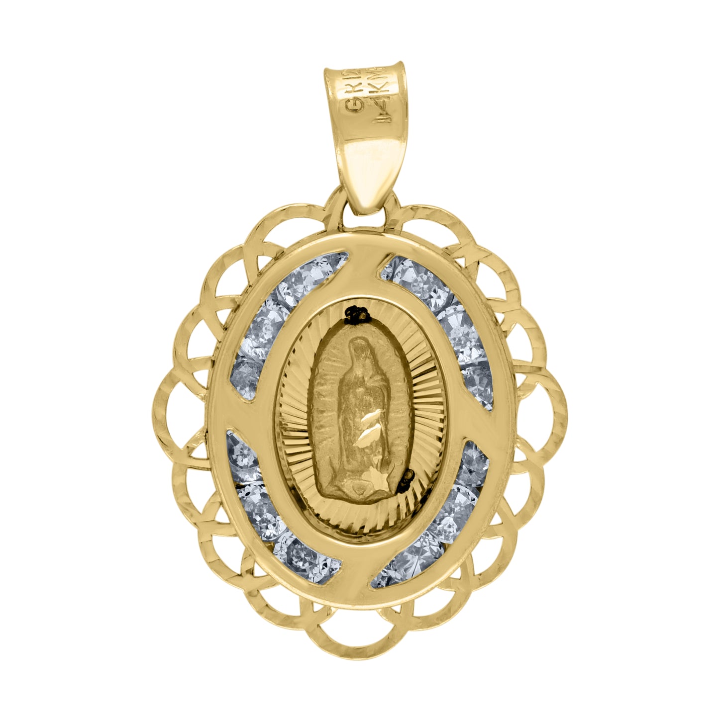 14K Yellow Gold Unisex Cubic-Zirconia Textured Lady Of Guadalupe Religious Oval Charm Pendant